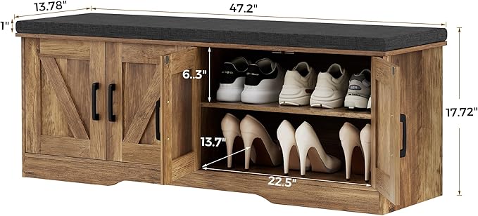 2-Tier Storage Bench, Shoe Bench with Padded Seat Cushion, Entryway Bench with 4 Barn Doors, Adjustable Shelf, 13.8" D x 47.2" W x 17.7" H, for Entryway, Living Room, Bedroom, Rustic Walnut-CasaMuseHome