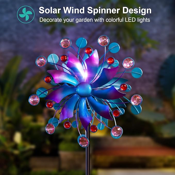 360°Solar Wind Spinner with Lights Blue Metal Garden Outdoor Decor Yard Lawn Art Decor for Patio Kinetic Windmills Unique Gifts for Friends and Family 60.63'' H x 13.38'' Dia-CasaMuseHome