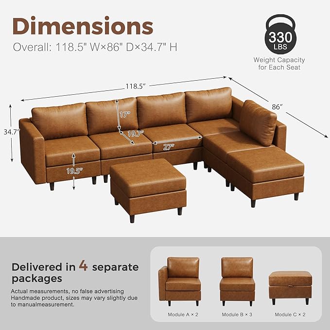118.5" Faux Leather Modular Sectional Sofa, L Shaped Couch Set for Living Room, 7-Seater Comfy Cloud Couches with Storage Seat Brown-CasaMuseHome