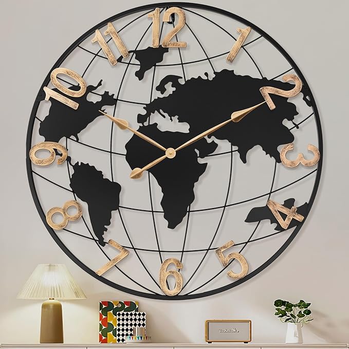 36 Inch Extra Giant Oversized Black Metal Wall Clock,Large Modern Decorative Silent World Map Wall Clock with Vintage Gold Arabic Numeral for Living Room,Entrance Fireplace,Dining Room Decor-CasaMuseHome