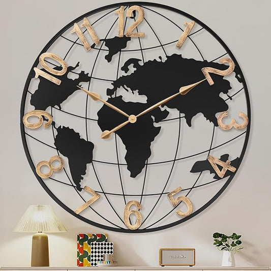 36 Inch Extra Giant Oversized Black Metal Wall Clock,Large Modern Decorative Silent World Map Wall Clock with Vintage Gold Arabic Numeral for Living Room,Entrance Fireplace,Dining Room Decor-CasaMuseHome