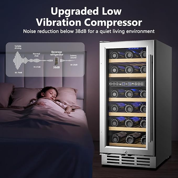 15 Inch Dual Zone Wine Refrigerator, 29 Bottle Under Counter Wine Fridge, Wine Refrigerator for Built-In or Freestanding, Wine Cooler with Removable Shelves, Double-Layer Glass Door, for Home-CasaMuseHome