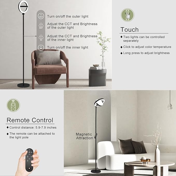 36W Bright LED Floor Lamp for Living Room with Remote, 75.5 Inch Tall Stepless Dimmable Standing Lamp for Office, Torchiere Floor Lamp with 2 Rotatable Lights 1900K-6500K for Bedroom-CasaMuseHome