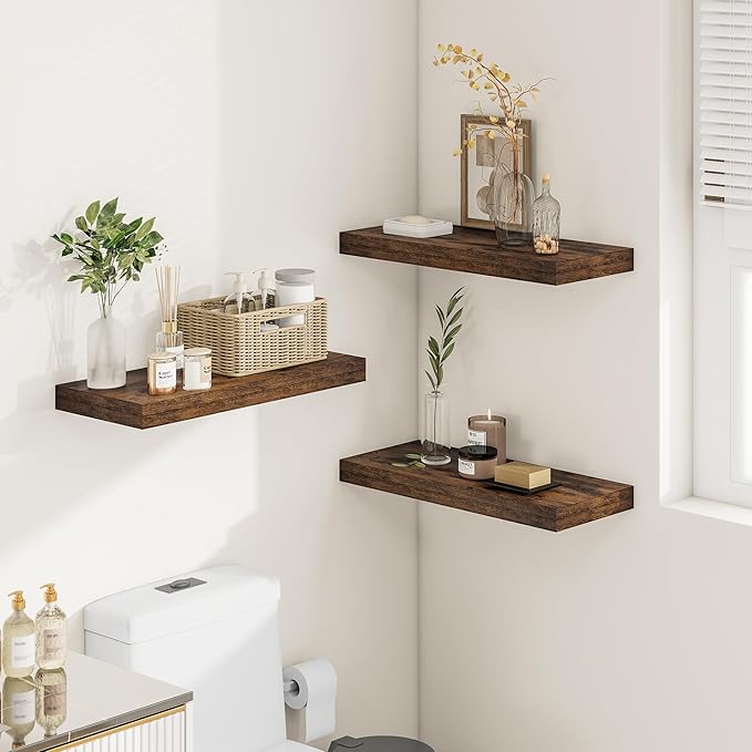 12" Deep Floating Shelves for Wall 24 Inches Long, Heavy Duty Wall Shelves for Bedroom Bathroom Kitchen Laundry Room, Farmhouse Rustic Shelves for Home Decor, 24" X 12" X 2" Set Of 2, Rustic Brown-CasaMuseHome