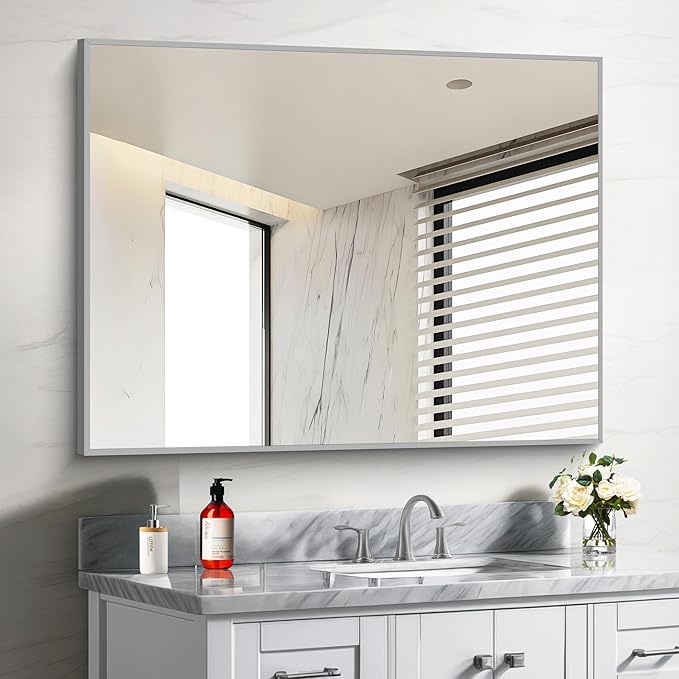 30x40In Silver Bathroom Mirror for Wall, Brushed Nickel Rectangle Mirrors with Metal Frame, Bathroom Rectangular Mirror Modern Wall Mirror for Bedroom Living Room, Hangs Horizontal or Vertical-CasaMuseHome