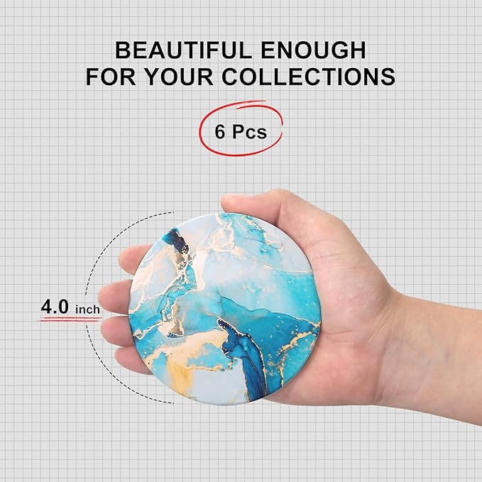 6 Pcs Light Blue Marble Abstract Ceramic Coasters with Holder Best Round Drink Absorbent Coasters for Desk, Lounge, Coffee, Wine, Beverage, Dining Table Decor, Bar Coaster Set-CasaMuseHome
