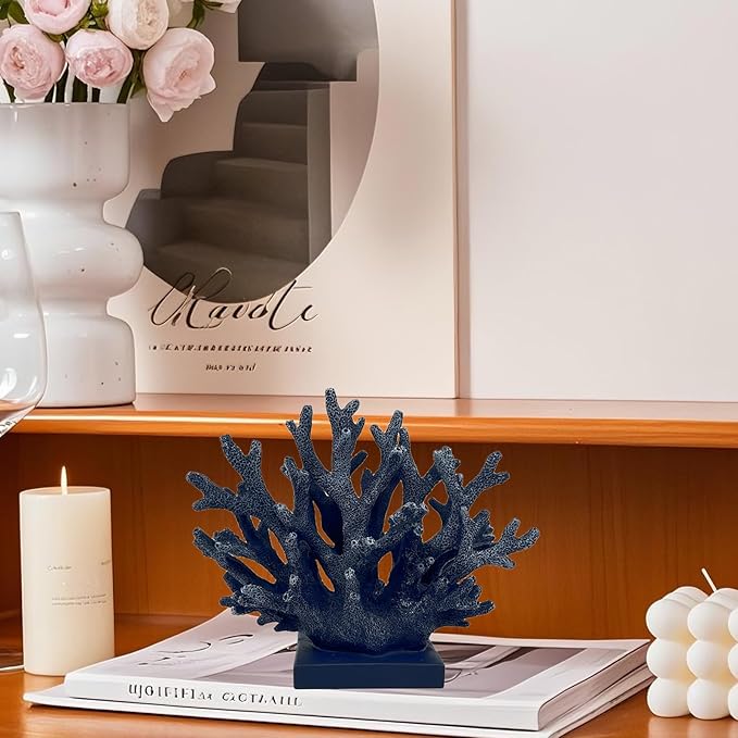 5.8" H Dark Blue Coral Decor - Resin Coral Statue, Nautical Decor for Home, Bedroom, Bathroom, Living Room, Ocean Themed Cabinet Shelf Tabletop Decoration-CasaMuseHome