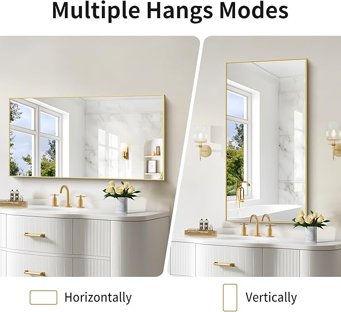 48x24In Gold Bathroom Mirror for Wall, Brushed Gold Rectangle Mirrors with Metal Frame, Bathroom Rectangular Mirror Modern Wall Mirror for Bedroom Living Room, Hangs Horizontal or Vertical-CasaMuseHome