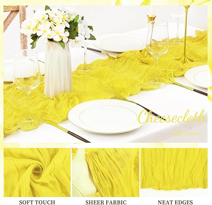 6 Pack Yellow Cheesecloth Table Runner 20 x 120 Inch Long Rustic Gauze Cheese Cloth Table Runner for Wedding 10FT Bridal Baby Shower Table Decorations Boho Fabric Sheer Birthday Party Table Decor-CasaMuseHome