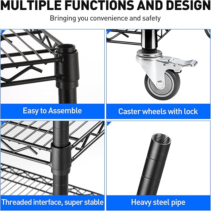 5 Tier Wire Shelf Shelving Unit, 60"x 24"x82" Metal Storage Shelves, Heavy Duty Garage Storage Shelves with Wheels, Chrome 3000LBS Capacity Wire Shelf Rack for Restaurant, Garage, Pantry, Kitchen-CasaMuseHome