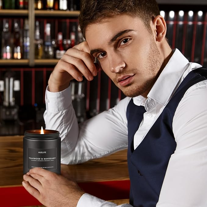 2 Pack Teakwood & Mahogany Candle | Scented Candles for Men, Man Gifts for Men - Masculine Candles - Soy Candle for Home Scented - 7oz Black Jar, Long Lasting-CasaMuseHome