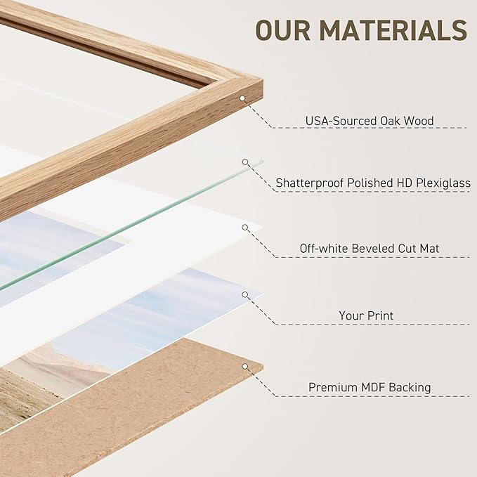 5x7 Picture Frame Natural Solid Oak Photo Frames with 4x6 Removable Mat Wall Hanging Large Handcrafted Frame with HD Plexiglass Wall and Tabletop Display Large Poster Frame-CasaMuseHome