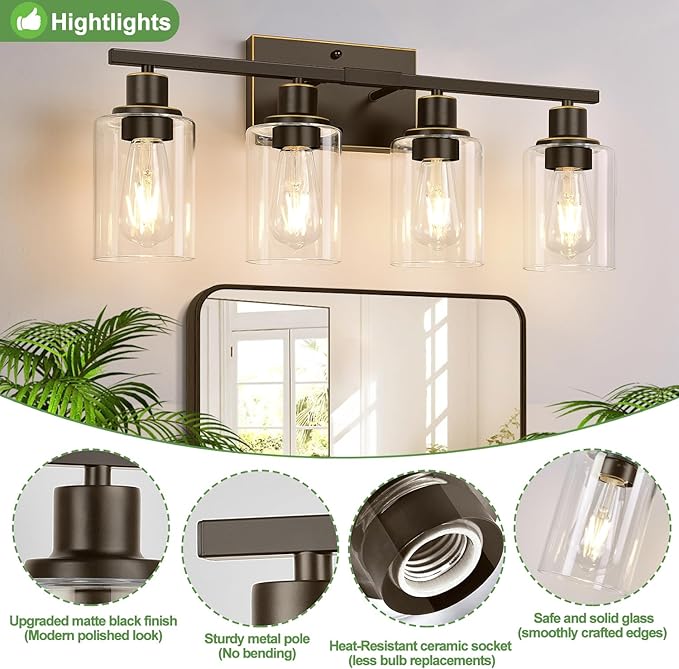 4 Light Bathroom Light Fixtures, Oil-Rubbed Bronze Modern Vanity Lights with Clear Glass Shades, Bathroom Wall Lamp for Mirror Living Room Cabinet-CasaMuseHome