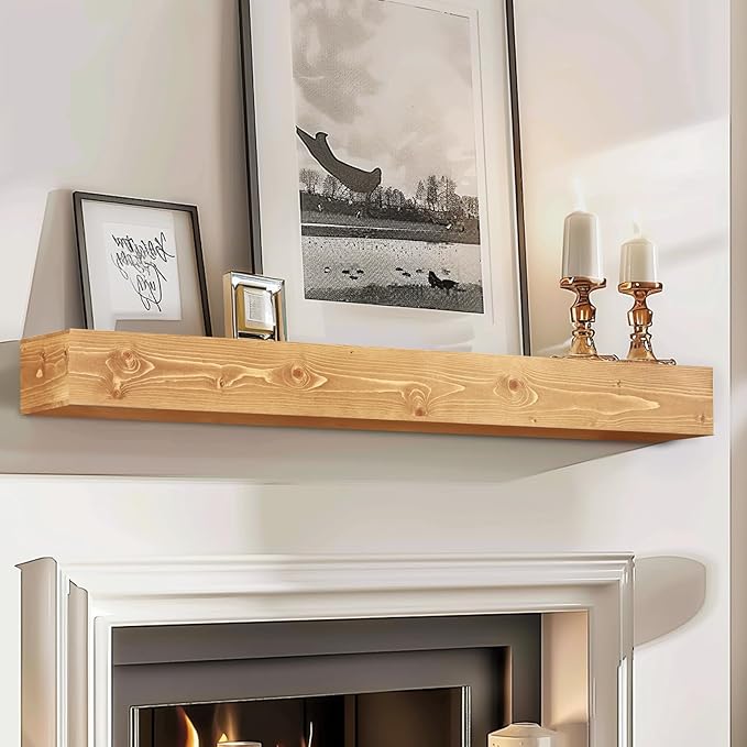 48x8x5 Fireplace Mantel - Handcrafted Rustic Solid Wood Wall Mounted Floating Shelf with Invisible Heavy Duty Wood Bracket (Natural)-CasaMuseHome