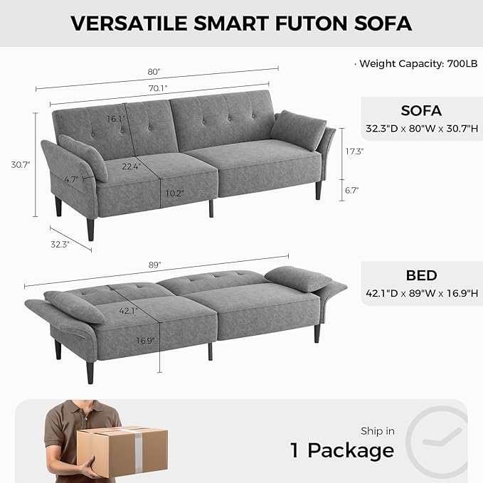 89” Futon Sofa Bed, Comfy Futon Couch Bed with 2 Square Pillows, Convertible Sleeper Sofa with Adjustable Backrest& Armrests, Modern Loveseat Sleeper for Living Room, Bedroom, Light Gray-CasaMuseHome