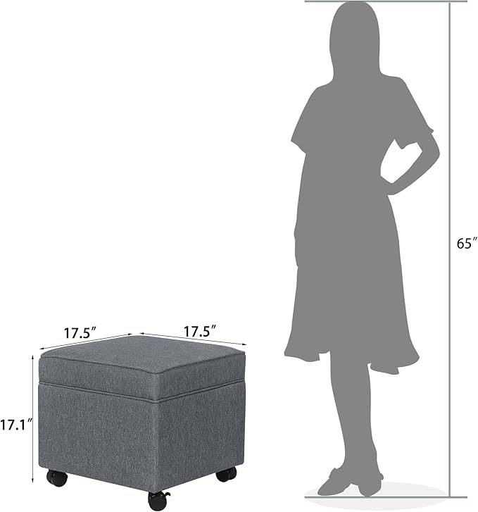 Adeco 17.5" Square Fabric Ottoman with Storage, Upholstered Cotton Linen Foot Rest, Flip Top Footstool, Small Cube Coffee Table Extra Seat for Living Room, Bedroom, Grey with Rolling Legs-CasaMuseHome