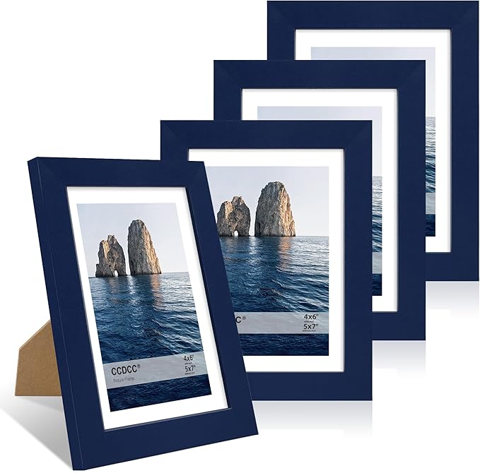 5x7 Picture Frame Set of 4, 5 x 7 Wood Photo Frames with Mat for 4x6, Natural Wooden Frame with Real Glass Cover for Wall and Tabletop Display,Blue-CasaMuseHome