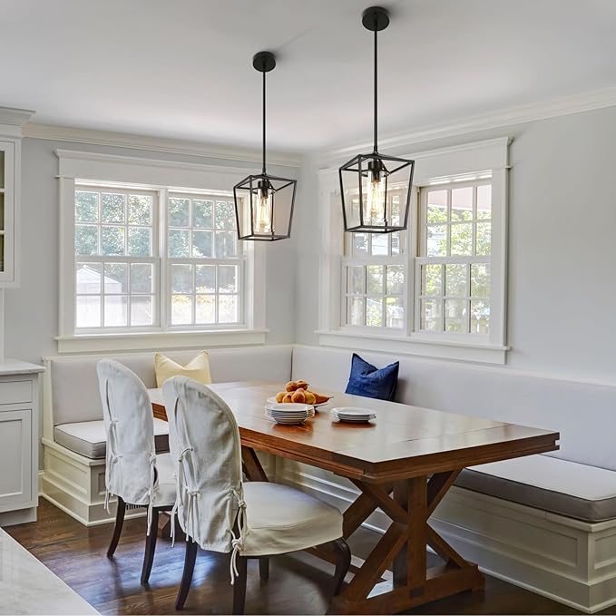 2 Pack 1-Light Black Pendant Lights for Kitchen Island, Farmhouse Metal Pendant Light Iron Cage Hanging Light Fixtures with Clear Glass Shade for Dining Room, Entryway, Hallway, Foyer-CasaMuseHome