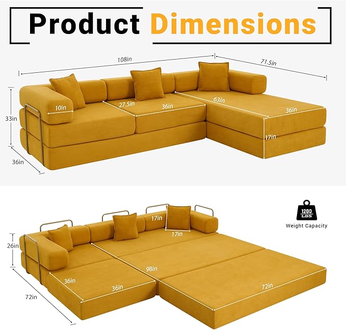 108" Oversized Convertible Sleeper Sofa Bed, Corduroy L Shape Sectional Couch, Folding Sofa Bed with Side Pocket, Modern Cloud Floor Mattress Couch, Modular Sofa for Living Room, Yellow-CasaMuseHome