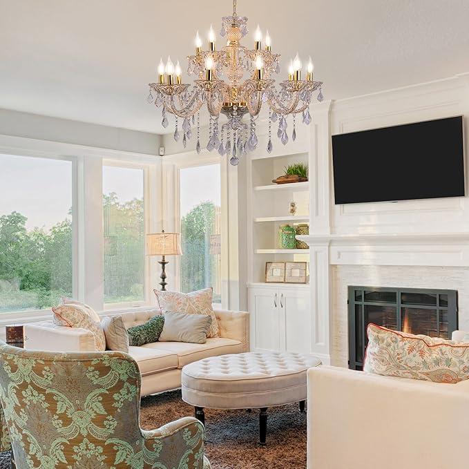 15 Light Crystal Chandelier Double Layer Flush Mount Ceiling Light Fixture with K9 Crystals for Living Room Dining Room Bedroom Luxury Hanging Lamp Lighting Fixtures-CasaMuseHome