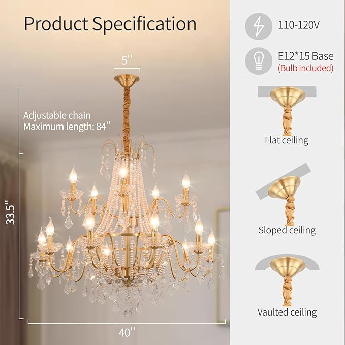40" Large Brass Crystal Chandeliers,Gold Brushed Brass Chandelier for High Ceiling Living Room Dining Room Staircase Hallway Entryway Foyer(15-Light, Bulb Included)-CasaMuseHome