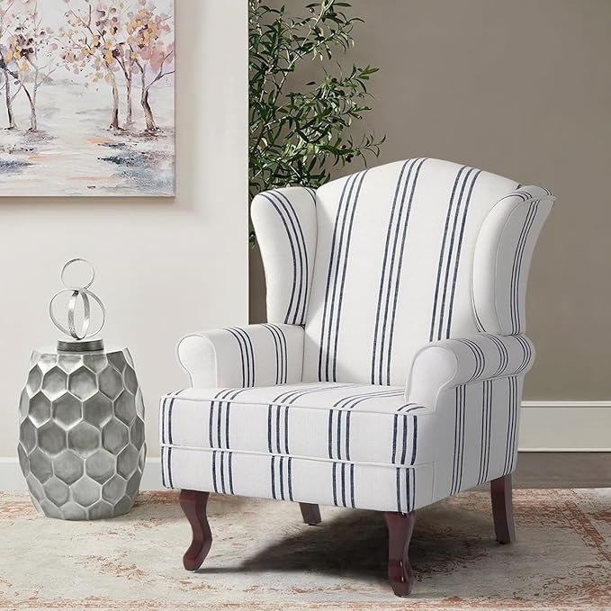 Accent Chair, High Back Upholstered Armchair with High Resilience Sponge & Wood Legs, Mid-Century Modern Comfy Single Sofa Reading Chairs for Living Room, Bedroom (Stripe Navy, Set of 1)-CasaMuseHome