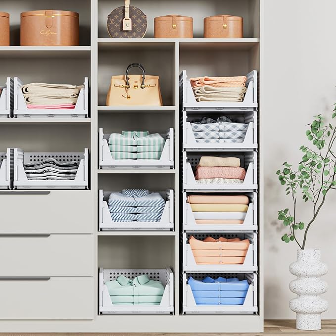 5 Pack Stackable Closet Storage Basket - Stackable Storage Bins, Multifunctional & Foldable Closet Organizer, Wardrobe Cupboard Space-Saving Hat Storage Drawer Organizer, White-CasaMuseHome