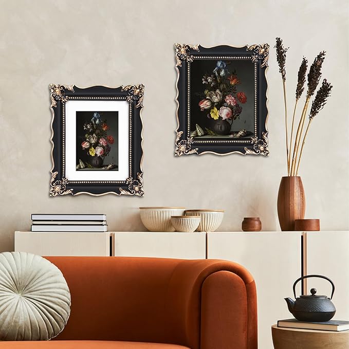 8x10 Vintage Picture Frame with Embossed Flower Design, Black Ornate Frame for 8x10 or 5x7 Pictures with White Mat, Hand-Crafted Resin Antique Frames for Tabletop & Wall Hanging, Home Decor (Black)-CasaMuseHome