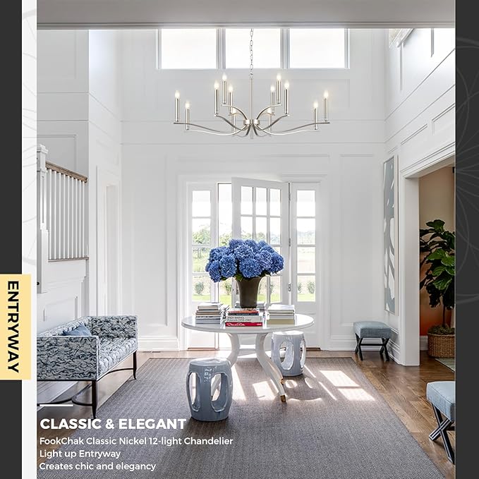 12 Light Nickel Living Room Chandelier High Ceiling Foyer Candle Chandelier Large Modern 44in Metal Chandeliers Hanging Light for Master Bedroom Dining Room Light Fixture Over Table-CasaMuseHome