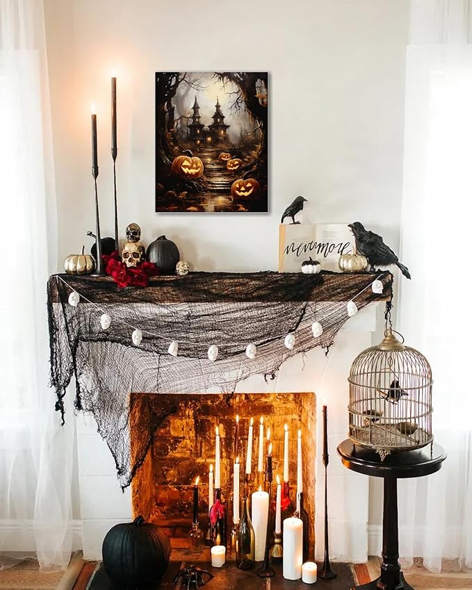 AbcCustomize Halloween Canvas Wall Art - Spooky Haunted House & Eerie Pumpkins Poster, Gothic Fall Decorations for Home, Vintage Halloween Decor Indoor for Living Room, Bedroom & Party-CasaMuseHome