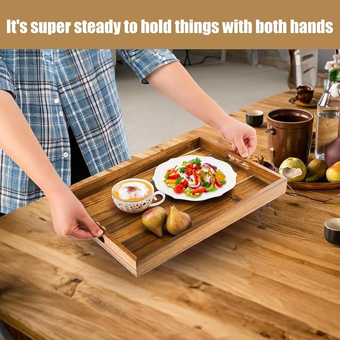 Acacia Wood Serving Tray with Handles - 17-Inch Large Wooden Tray for Ottoman - Perfect for Breakfast, Lunch, Dinner, Appetizers, Patio, Ottoman, Coffee Table,BBQ, Party – Great for Lap &Couch ﻿-CasaMuseHome
