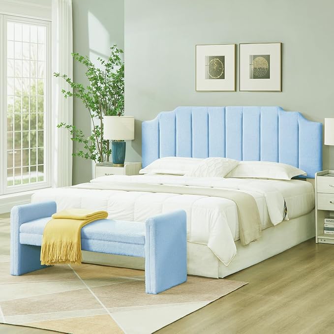 24KF Light Blue Teddy Fabric Tufted King Upholstered Headboard, Modern Vertical Channel Design California King Headboard with Stepped Silhouette Top Edge,6026-K-Teddy Light Blue-CasaMuseHome