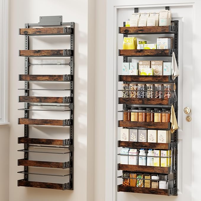 8 Tier Over The Door Pantry Organizer, 2 IN 1 Wall Mount or Metal Hanging Spice Rack for Pantry Organizers and Storage, Seasoning Shelves，Adjustable Basket with Hooks for Kitchen, Bathroom,Laundry-CasaMuseHome