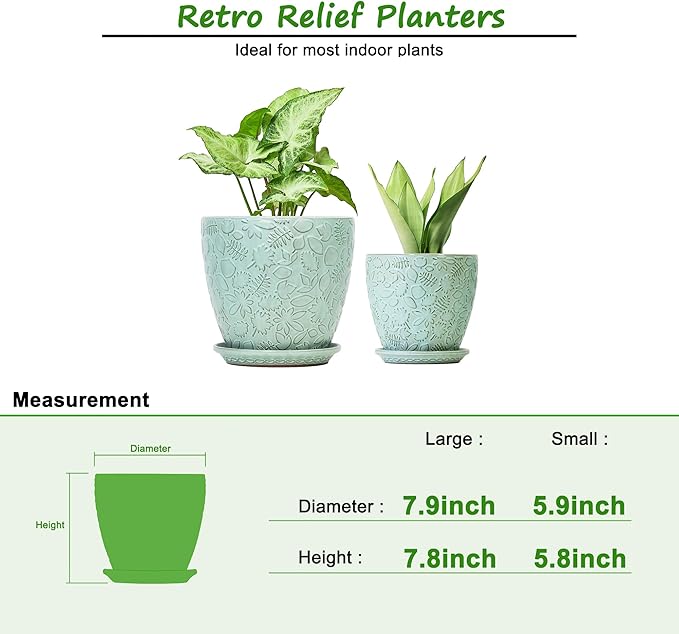 8 Inch + 6 Inch Plant Pots for Indoor Plants, Ceramic Planter with Drainage Hole and Saucers, Garden Pots for Succulent, Orchid, and Flower, Set of 2-CasaMuseHome