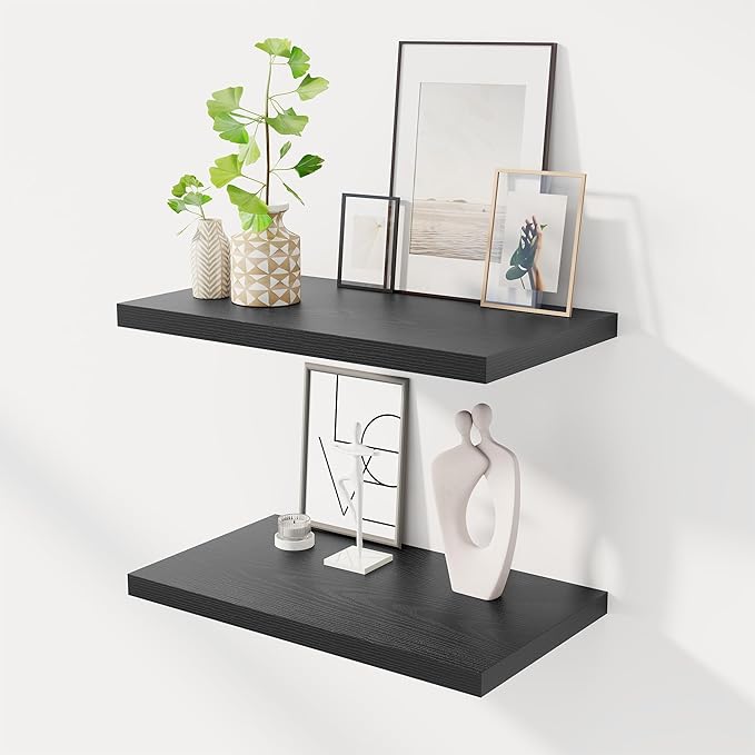 24" Floating Shelves for Wall, 12" Deep Slim Black Floating Shelves, Wall-Mounted Shelves for Bedroom, Living Room, Kitchen, Bathroom - Set of 2-CasaMuseHome