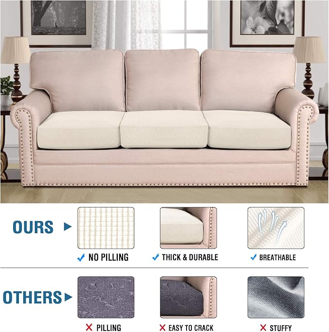 H.VERSAILTEX Super Stretch Individual Seat Sofa Covers Couch Slipcover Sets Thick Jacquard Textured Twill Fabric (3 Piece XL Sofa Cushion Covers, Natural)-CasaMuseHome