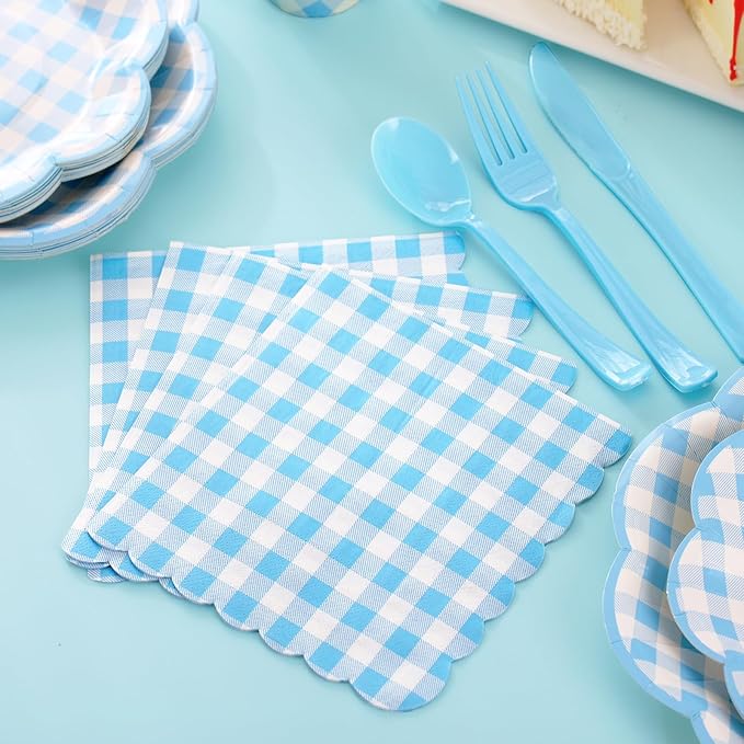 350 Pcs Blue Gingham Plates and Napkins Party Supplies - Blue and White Checkered Plates Sets Serve 50 Guests - Scalloped Gingham Paper Plate for Birthday Dinner Wedding Baby Shower Party Decorations-CasaMuseHome