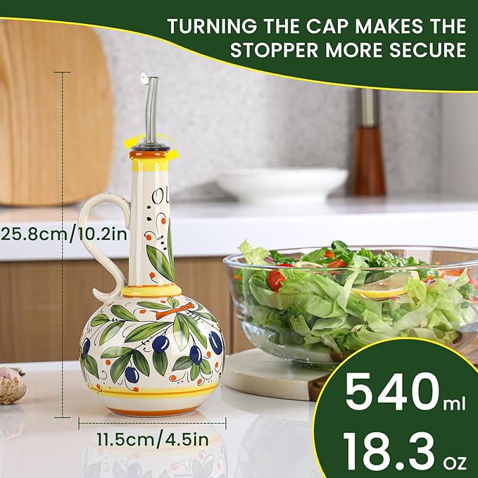 18 oz Ceramic Olive Oil Dispenser Bottle for Kitchen, Large Capacity Oli and Vinegar Cruet with Stainless Steel Spout, 540 ml Oil Container with Handle for Cooking Preventing, Vinegar Cruet-CasaMuseHome