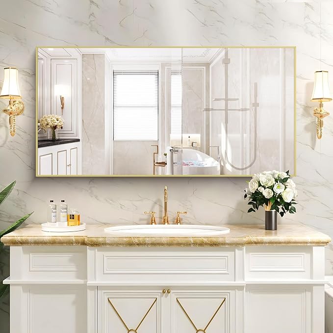 48x24In Gold Bathroom Mirror for Wall, Brushed Gold Rectangle Mirrors with Metal Frame, Bathroom Rectangular Mirror Modern Wall Mirror for Bedroom Living Room, Hangs Horizontal or Vertical-CasaMuseHome