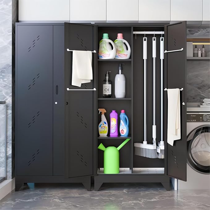 71" Broom Closet Cabinet with Hanging Rod, Tall Black Metal Storage Cabinet for Bathroom, Utility Room, and Garage-CasaMuseHome
