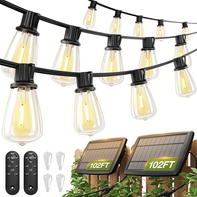 addlon 2 Pack*102FT(96+6) Solar String Lights Waterproof, Patio Lights Solar Powered with Remote & USB Port, 3 Lighting Modes 60+4 LED Shatterproof Bulbs Outdoor Light for Camping Backyard Garden-CasaMuseHome