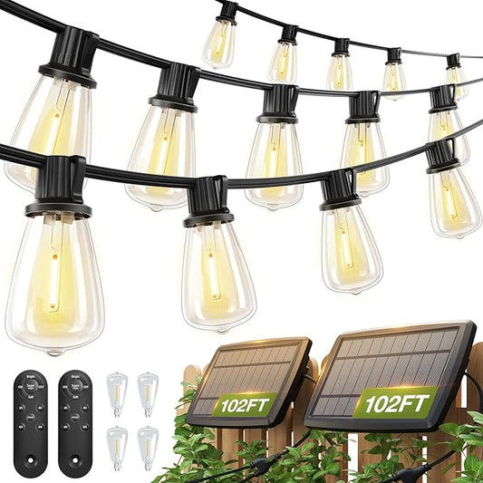 addlon 2 Pack*102FT(96+6) Solar String Lights Waterproof, Patio Lights Solar Powered with Remote & USB Port, 3 Lighting Modes 60+4 LED Shatterproof Bulbs Outdoor Light for Camping Backyard Garden-CasaMuseHome