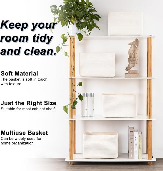4 Pack Storage Baskets for Organizing, Woven Baskets for Shelves - Perfect for Toys, Books, Towels, and Clothes, Durable Gift Basket Bins Toy Storage, 12.7''L x9''W x7.8''H, White-CasaMuseHome