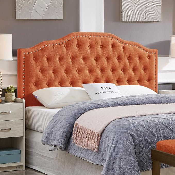 24KF Upholstered Button Tufted Queen Headboard with Nailhead Trim, Elegant Boucle Fabric Full headboard, 6031-Q-Boucle-Orange-CasaMuseHome