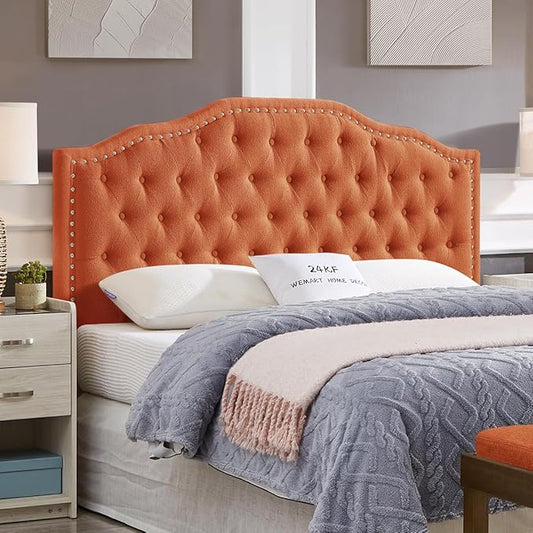 24KF Upholstered Button Tufted Queen Headboard with Nailhead Trim, Elegant Boucle Fabric Full headboard, 6031-Q-Boucle-Orange-CasaMuseHome