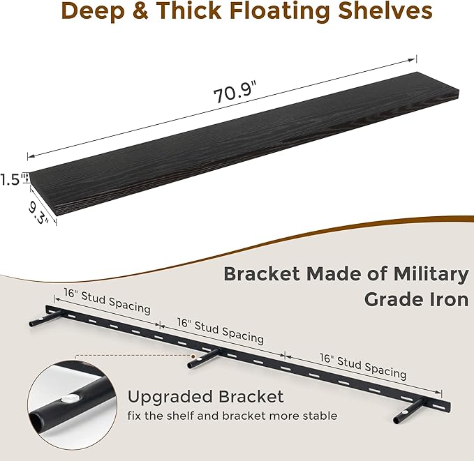 72 Inch Floating Shelves Black, 72 x 9 Rustic Wooden Fireplace Mantel, 9 Inch Floating Shelf for Wall, Farmhouse Wall Shelves for Home Storage & Display-CasaMuseHome