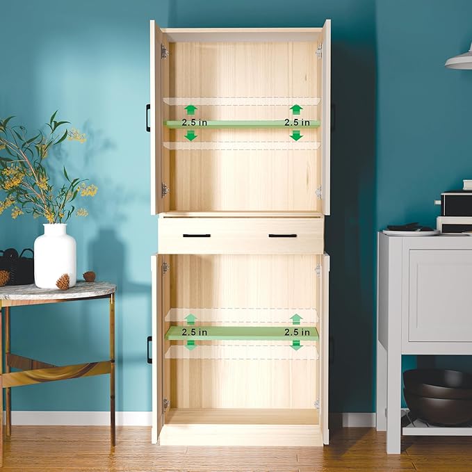 71" Tall Oak & Rattan Pantry Cabinet - Boho Chic Kitchen Storage with Doors & Drawer for Dining Room, Hallway or Kitchen Organization-CasaMuseHome