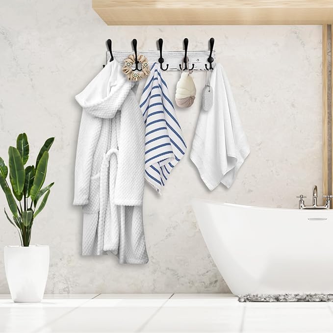 2pcs Coat Rack Wall Mount Wooden Hat Rack for Wall Hooks Pine Real Wood Plank 16.9" Old White Coat Hanger with 5 Black Triple Hooks for Hanging Coat Hat Jacket-CasaMuseHome