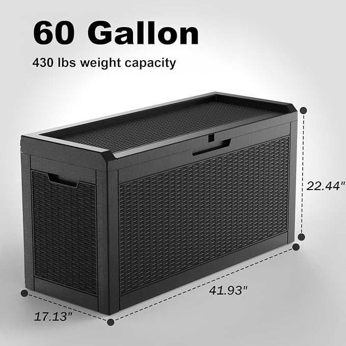 60 Gallon Resin Deck Box, Lockable Outdoor Storage Box for Patio Cushions Storage Furniture,Garden Tools, Pool Supplies, Weatherproof and UV Resistant（Black Rattan）-CasaMuseHome