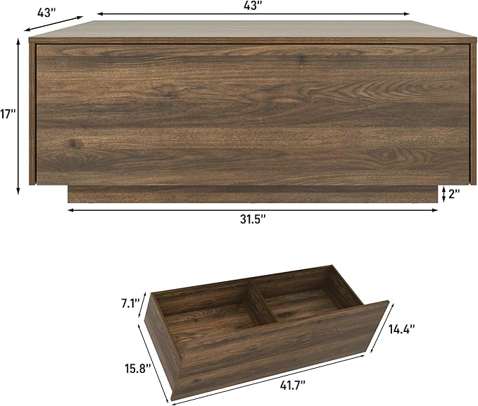 43” Square Coffee Table with Storage, Modern Large Square Center Table with 2 Drawers, Wood Coffee Table for Living Room, Walnut-CasaMuseHome